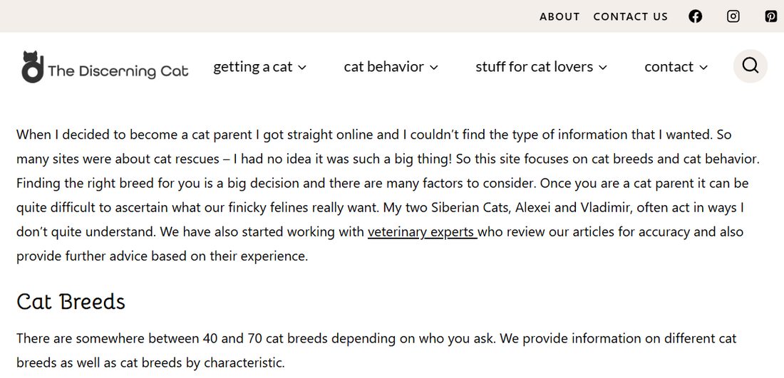 The Discerning Cat养猫站首页：站长说上网找不到想要的信息，所以专讲猫的品种和行为，自己养两只西伯利亚猫，有兽医审稿