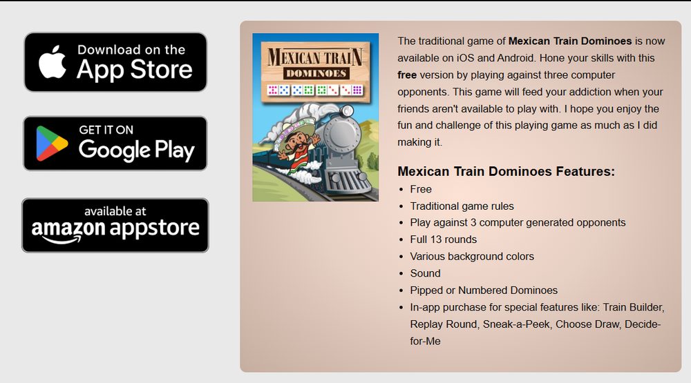 Mexican Train应用页:App Store、Google Play、亚马逊应用商店三个下载按钮,功能列表写着免费、对3个电脑对手、完整13轮、内购卖Train Builder等特殊功能