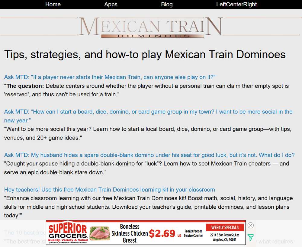 Mexican Train博客页:Ask MTD规则争议问答、本地组桌游小组、教师用免费教学包等文章,底部是一条贴底展示广告