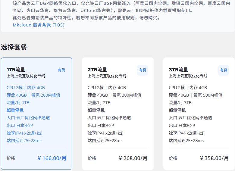 Mkcloud沪日IX下单页:只允许阿里云腾讯云等云厂BGP网络连入,1TB 166元