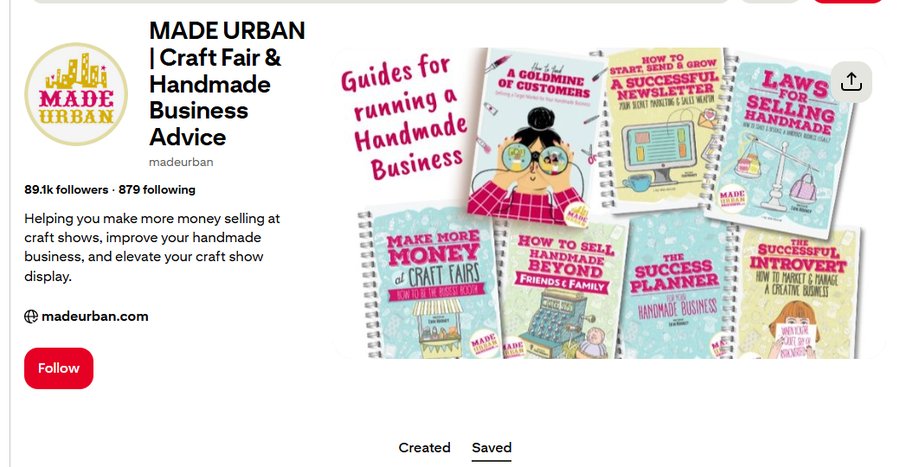Made Urban Pinterest主页2026年10月:8.91万粉丝,封面是7本电子书