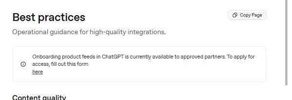 OpenAI Commerce最佳实践页官方截图：ChatGPT商品feed接入目前只对已批准的合作方开放，要先填表申请