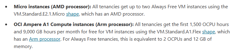 甲骨文官方文档原句:Always Free账号Arm A1每月前1500 OCPU小时和9000 GB小时免费,相当于2 OCPU和12GB内存
