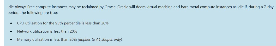 甲骨文Always Free闲置回收规则:7天内CPU、网络、A1内存利用率都低于20%算闲置