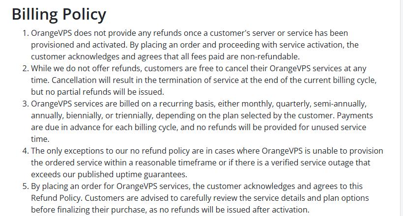 OrangeVPS服务条款Billing Policy:开通后不退款,只有开不出机器或故障超过在线率承诺两种例外