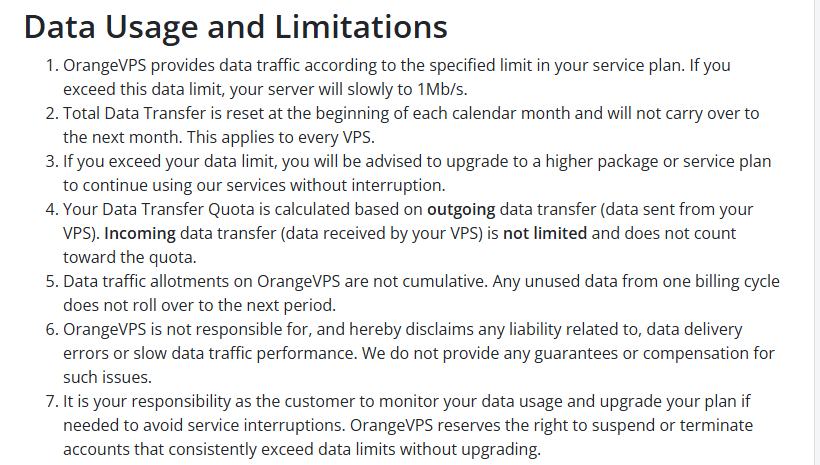 OrangeVPS服务条款流量规则:超量降速到1Mb/s,每月清零,只算出站流量
