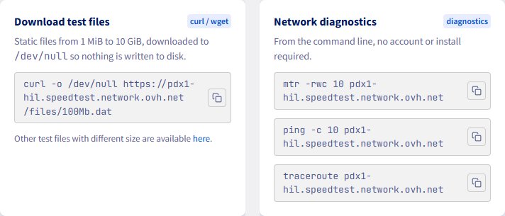 OVHcloud官方测速页proof.ovh.net的两个工具框:下载1MiB到10GiB测试文件的命令,和mtr、ping、traceroute命令