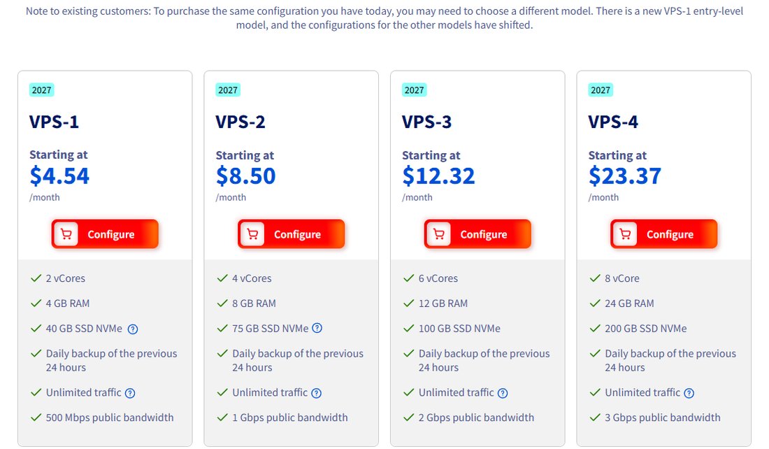 OVHcloud美国站VPS 2027四档:VPS-1 $4.54、VPS-2 $8.50、VPS-3 $12.32、VPS-4 $23.37起,上方是给老客户的换型提醒