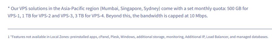 OVHcloud官网原文:孟买、新加坡、悉尼VPS每月流量VPS-1 500GB、VPS-2和VPS-3 1TB、VPS-4 3TB,超出限速10Mbps;Local Zone不提供Windows、附加IP等功能