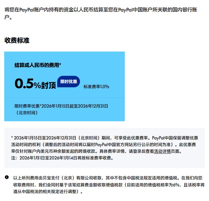 PayPal中国费用中心人民币结算费,0.5%封顶限时优惠,标准费率1.0%