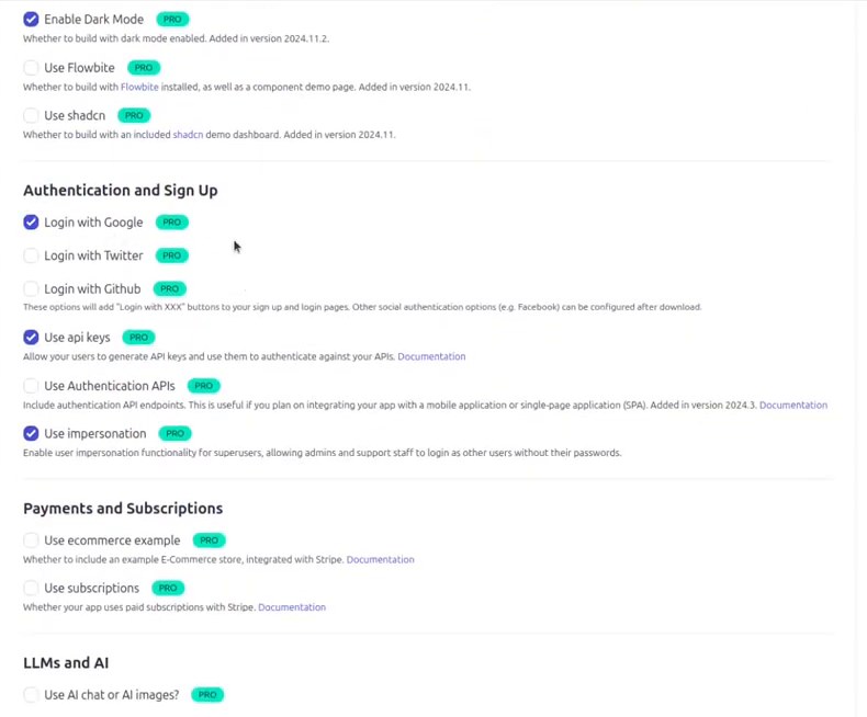 SaaS Pegasus新建项目时勾选功能：Google登录、API key、用户代登、Stripe订阅、AI聊天