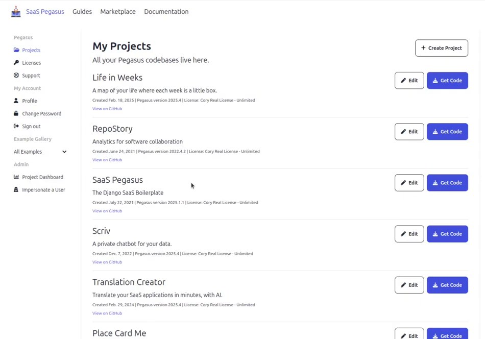 Pegasus作者账号下的My Projects：SaaS Pegasus官网、Scriv、Translation Creator等都用Pegasus建