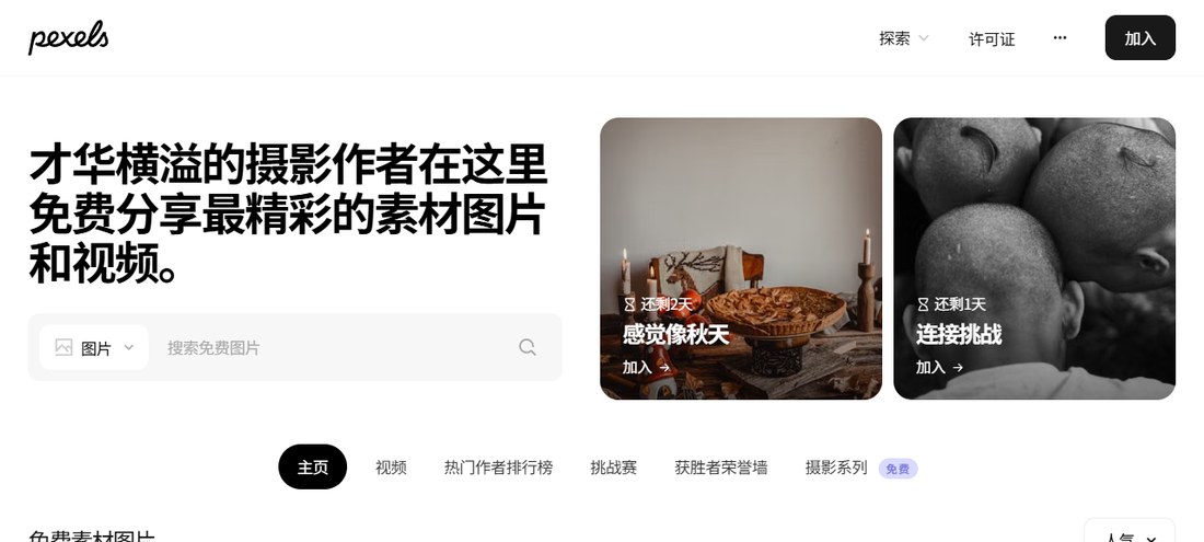 Pexels中文首页:搜索框、主页视频等导航和右上角许可证入口
