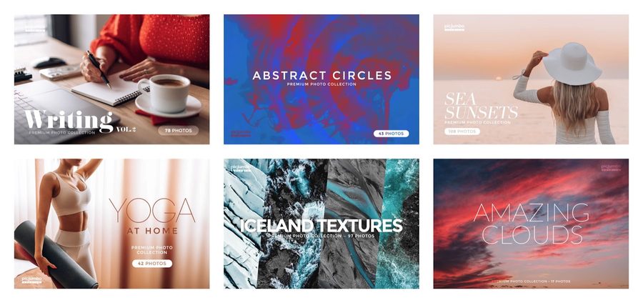 picjumbo会员合集封面：Writing、Abstract Circles、Sea Sunsets、Yoga at Home、Iceland Textures、Amazing Clouds