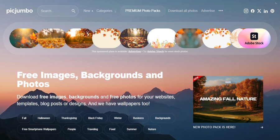 picjumbo首页首屏：导航有PREMIUM Photo Packs、Download all photos、Advertise三个收钱入口，顶部赞助位空着