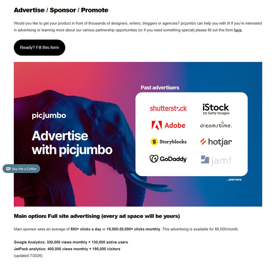 picjumbo广告合作页：往期广告主有Shutterstock、iStock、Adobe，整站赞助挂牌8500美金一个月