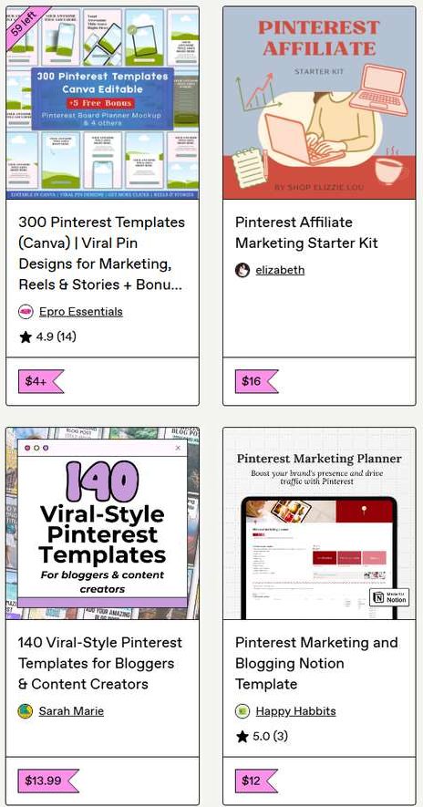 Gumroad上搜pinterest pin templates的结果,Pinterest图钉模板4美元起到16美元