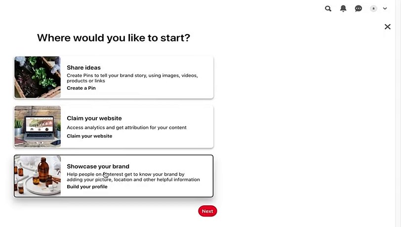 Pinterest商业账号建好后选择从哪开始,中间一项是Claim your website认领网站