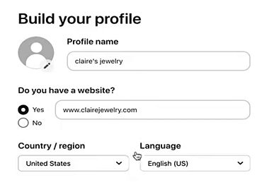 Pinterest新建商业账号Build your profile页面,填主页名、网站、国家地区和语言