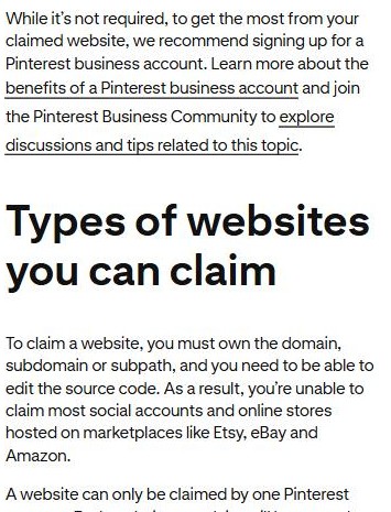 Pinterest官方帮助中心Claim your website页:认领网站不是必须但建议有商业号,以及能认领的网站类型