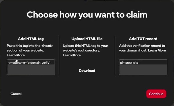 Pinterest认领网站弹窗Choose how you want to claim:Add HTML tag、Upload HTML file、Add TXT record三栏