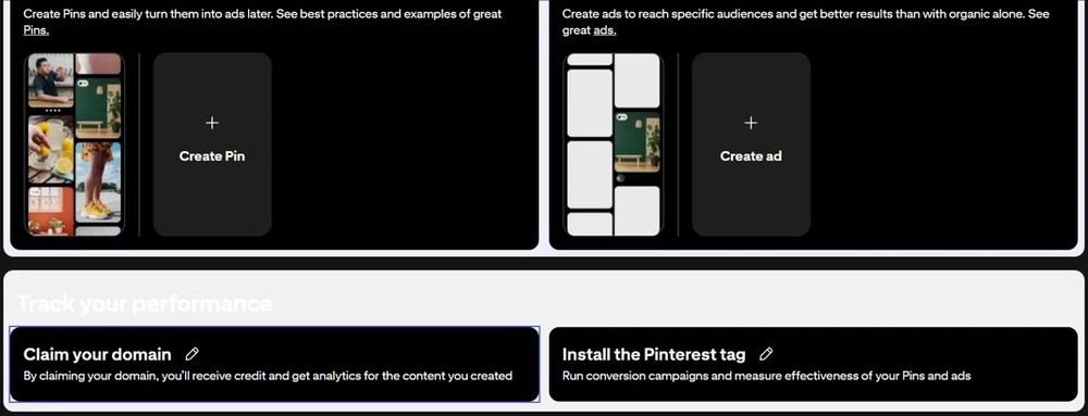 Pinterest商业号后台首页:Claim your domain和Install the Pinterest tag两张卡片