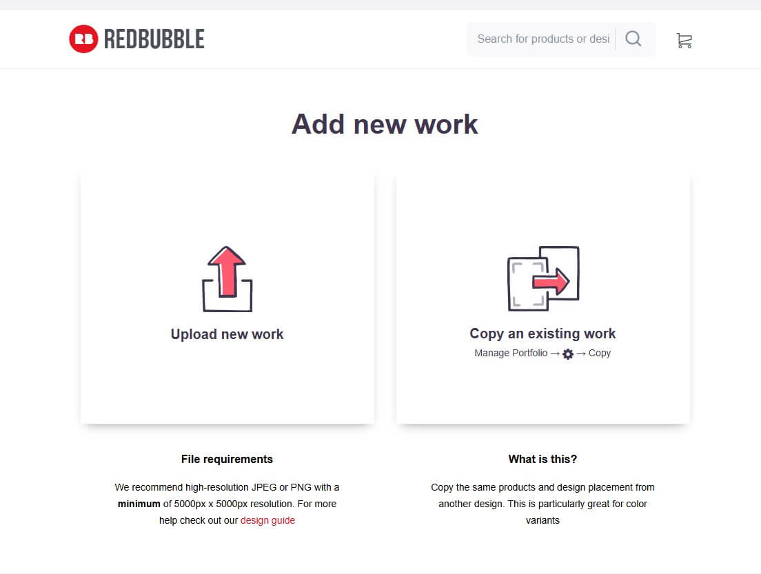 Redbubble艺术家后台上传新作品页面