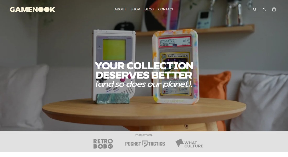 GAMENOOK官网首页：Your collection deserves better (and so does our planet)，做游戏机和卡带展示架，页面写着被Retro Dodo报道过