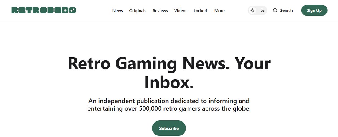 Retro Dodo首页：Retro Gaming News. Your Inbox.，写着给全球50万复古游戏玩家看的独立媒体