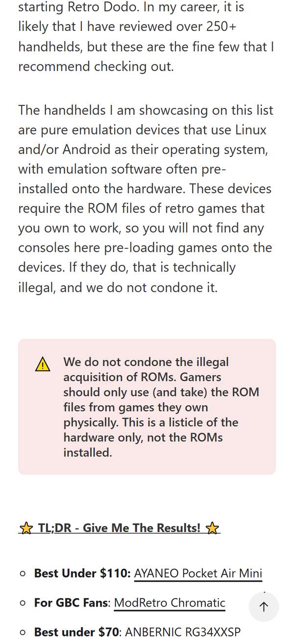 Retro Dodo复古掌机导购页手机截图：站长写自己测过250多台掌机，TL;DR里推荐AYANEO Pocket Air Mini和ANBERNIC RG34XXSP