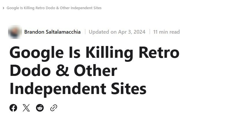 Retro Dodo站长Brandon Saltalamacchia的文章Google Is Killing Retro Dodo & Other Independent Sites，更新于2024年4月3日
