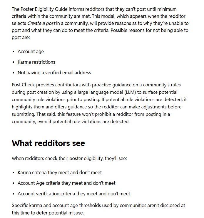 Reddit官方帮助中心Poster Eligibility Guide页：不能发帖的三类原因，以及What redditors see一段