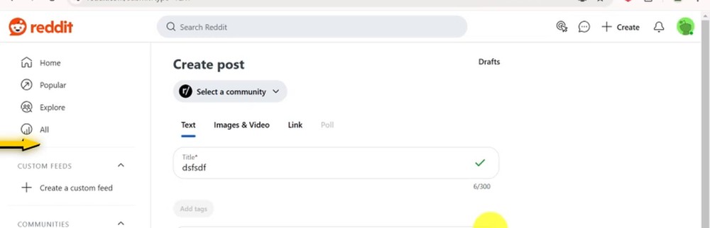 Reddit网页版Create post页：Select a community下拉框，Text、Images & Video、Link、Poll四个标签，下面是Title标题框