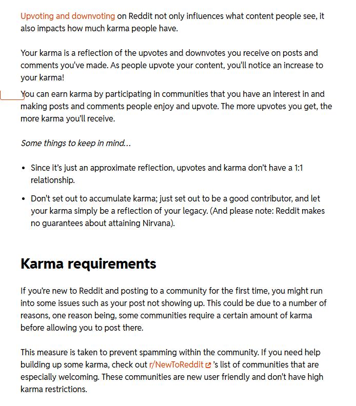 Reddit官方帮助中心Karma说明页：Karma的定义、顶踩和Karma不是1:1，以及Karma requirements一段