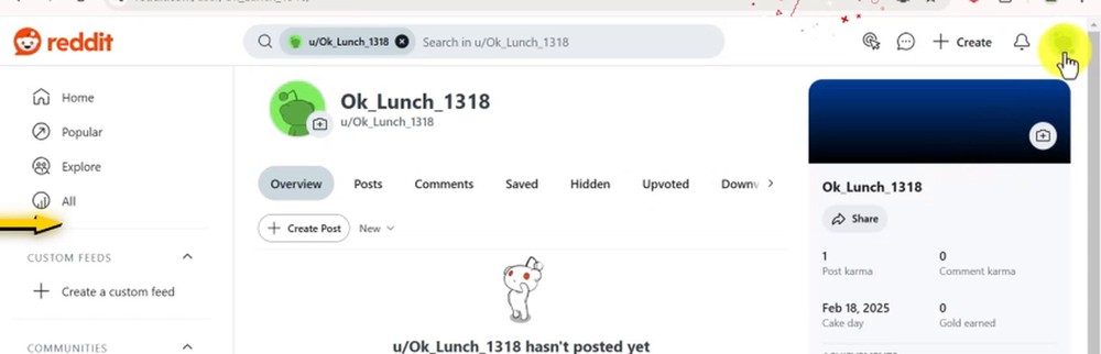 Reddit个人主页：右侧资料卡显示Post karma、Comment karma和Cake day