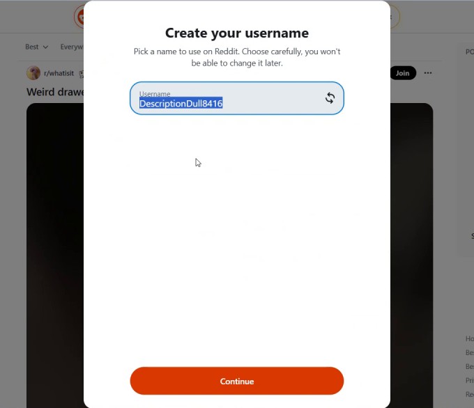Reddit Create your username页：系统给了一个随机用户名，上方写着Choose carefully, you won't be able to change it later