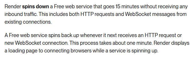 Render官方文档:免费Web Service 15分钟没有入站流量就休眠,再次访问约1分钟唤醒