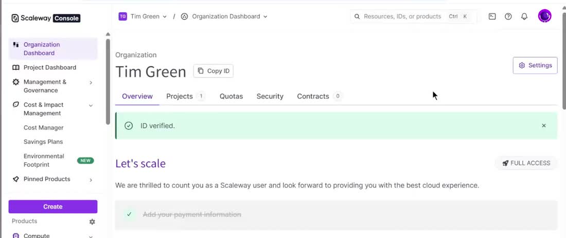Scaleway控制台组织页:ID verified绿条,Add your payment information已勾选完成