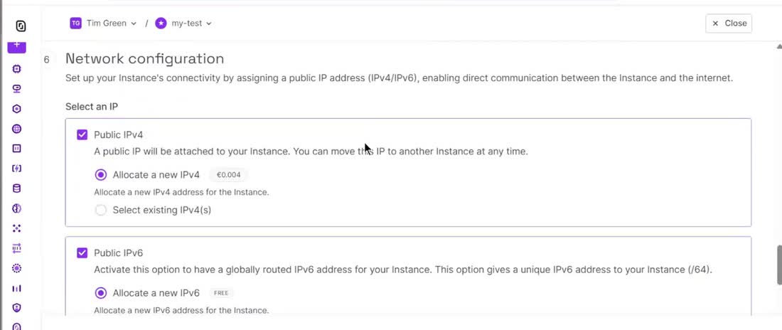 Scaleway创建实例的网络设置:Public IPv4默认勾选,Allocate a new IPv4标价0.004欧元,Public IPv6标FREE