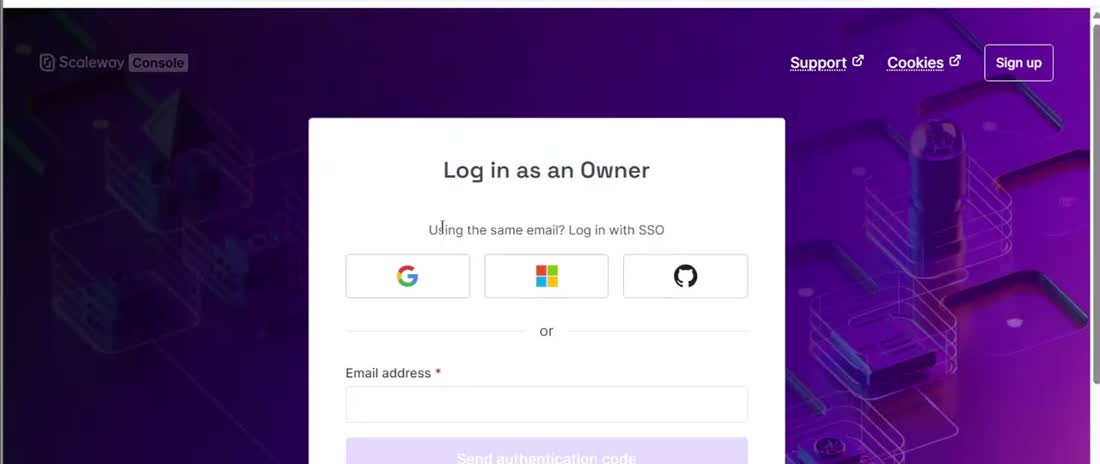 Scaleway控制台登录页:可以用Google、微软、GitHub账号登录,也可以填邮箱收验证码