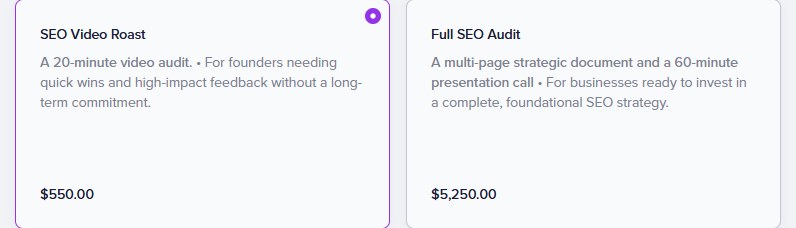 MagicSpace官网审计价目：SEO Video Roast 20分钟视频审计550美金，Full SEO Audit 5250美金