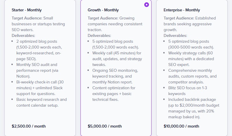 MagicSpace官网三档SEO月包：Starter 2500美金、Growth 5000美金、Enterprise 10000美金每月及各档交付