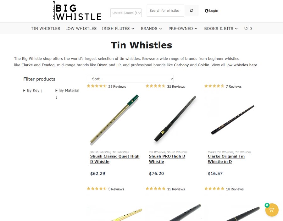 Big Whistle的Tin Whistles分类页，Clarke Original D约16.57美金、Shush Classic Quiet High D约62.29美金