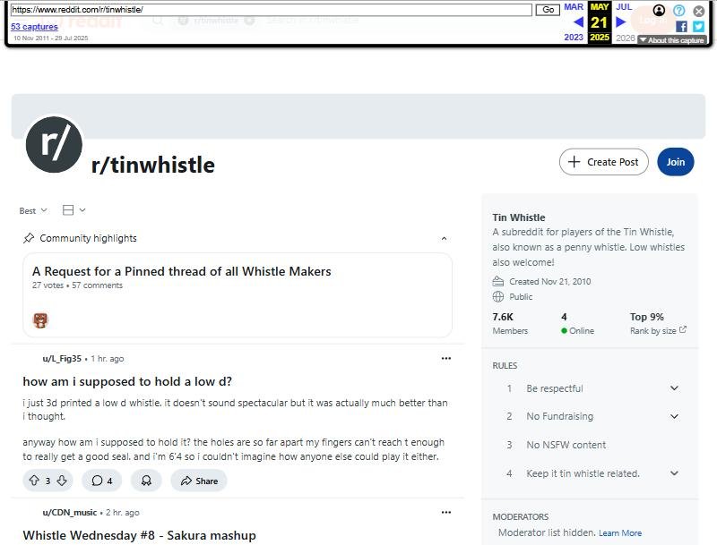 Reddit哨笛社区r/tinwhistle，约7600成员，2010年建，4条规则
