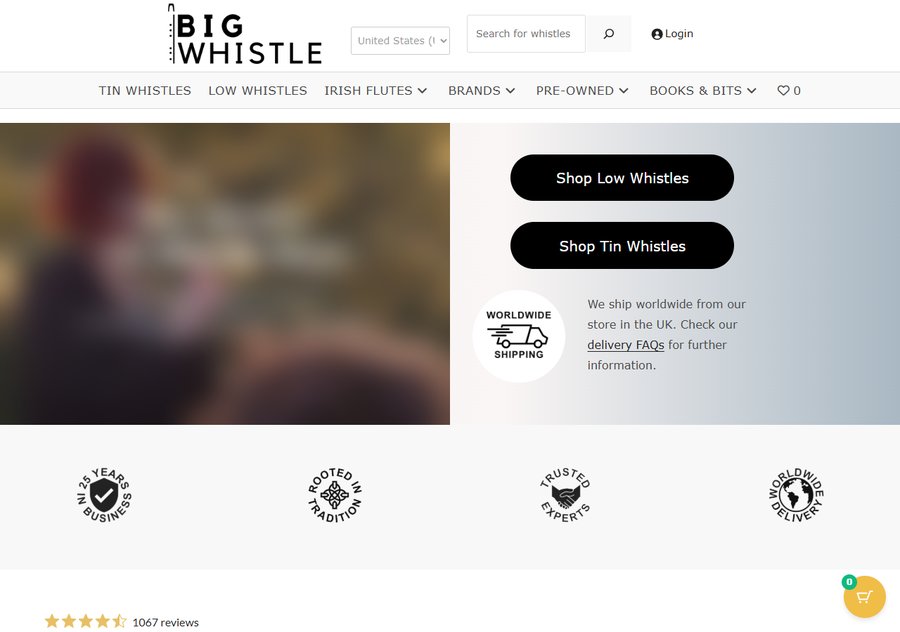 爱尔兰哨笛网店Big Whistle首页，菜单分Tin Whistles、Low Whistles、Irish Flutes、Brands、Pre-Owned，写着从英国发全球、25年老店