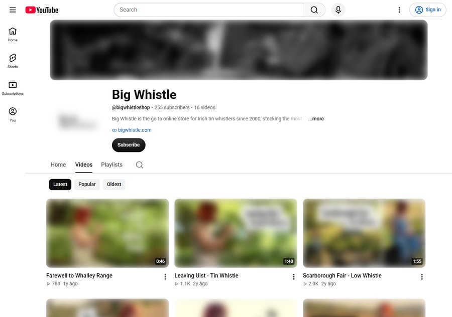 Big Whistle自己的YouTube频道，255订阅、16个视频