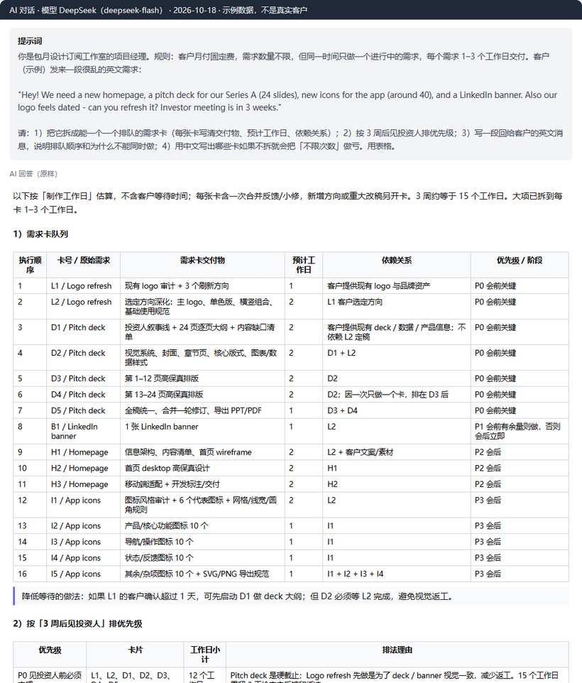 用AI把客户的乱需求拆成16张设计需求卡,标交付物、工作日、依赖和优先级