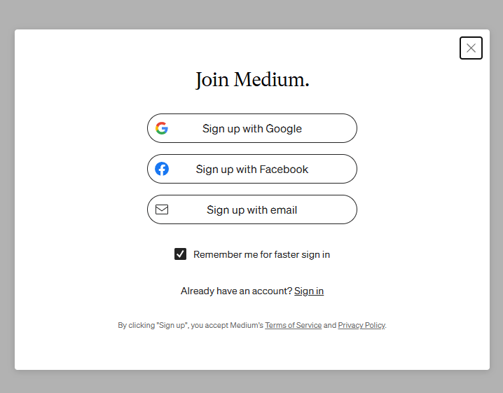 Medium注册弹窗:用Google、Facebook或邮箱注册