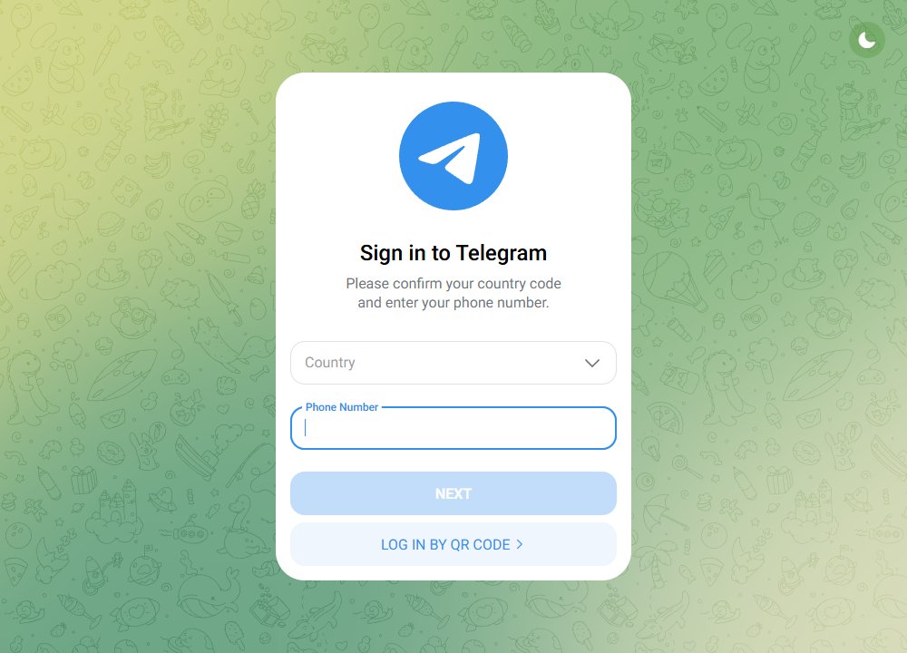 Telegram网页版Sign in to Telegram页：Country、Phone Number、NEXT按钮和LOG IN BY QR CODE
