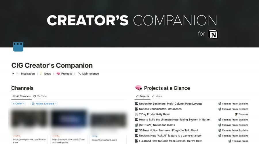 Creator's Companion Notion内容规划模板的频道和项目总览页